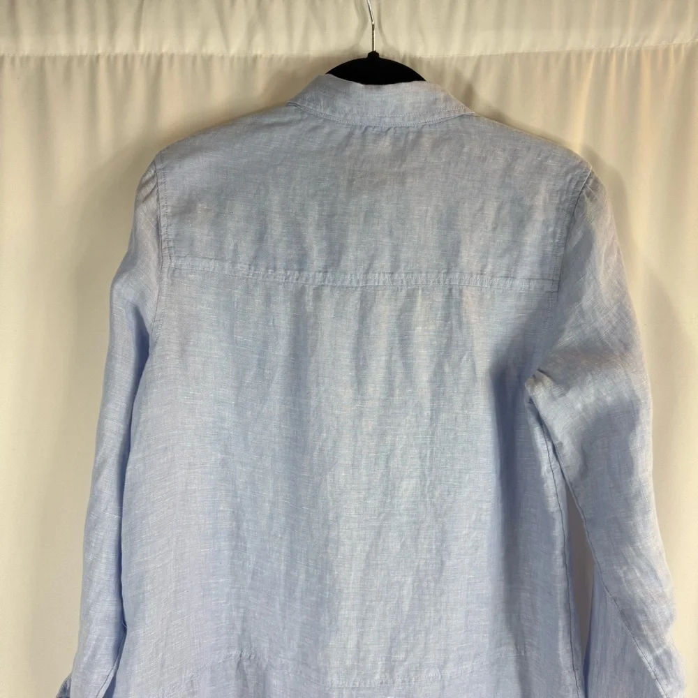 Tahari French blue 100% linen tunic shirt top split hem S Button -Up Top - Picture 12 of 14